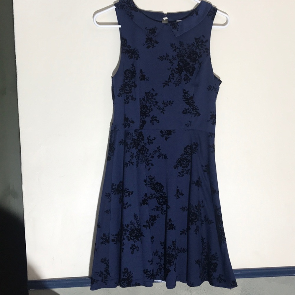 Navy blue collared dress with velvet designs